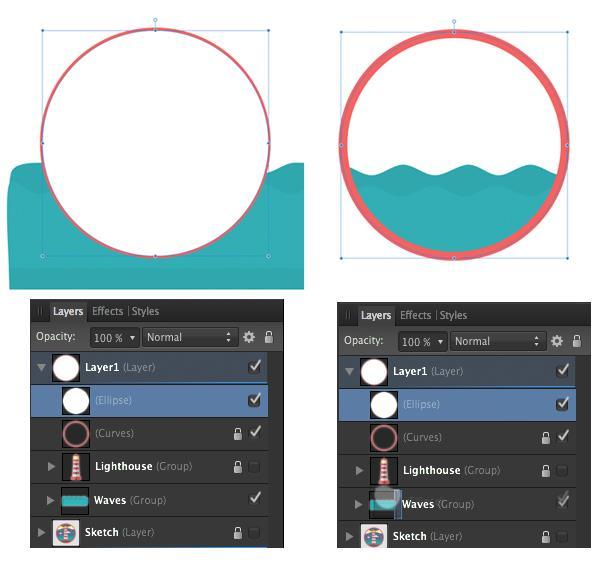 plaats een witte cirkel boven op de shapes en sleept u de