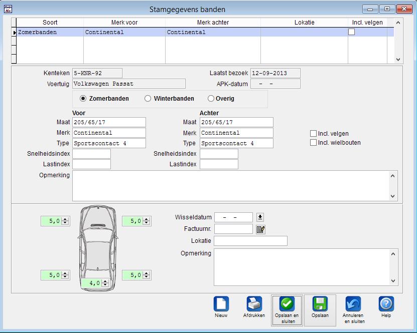 Stamgegevens banden Bij de stamgegevens banden kunt u Zomerbanden, Winterbanden en Overige banden toevoegen.