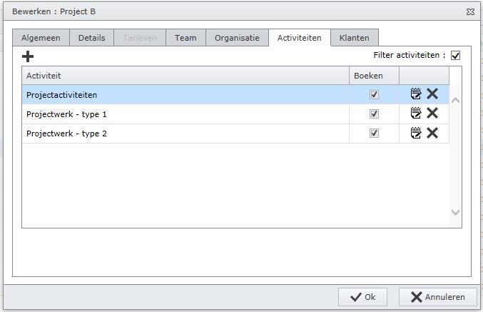 Tabblad Activiteiten Als de optie Filter activiteiten aangevinkt is, mag er voor dit project alleen geboekt worden op de
