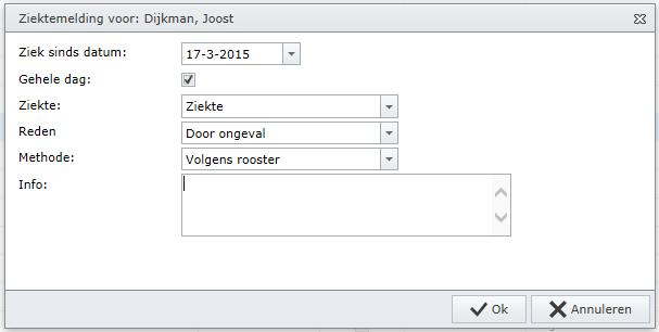 Bij Reden kunt u uit een lijst een ziekte reden kiezen (keuzelijst kunt u instellen via menu Beheer, Systeemgegevens). Methode geeft aan hoe de ziekteboeking verwerkt moet worden.