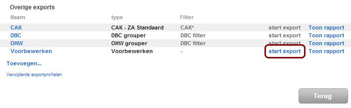 Export "Voorbewerken" starten Door te klikken