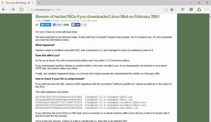 Op 20 februari 2016 plaatste een cybercrimineel een backdoor in de iso-bestanden van Linux Mint.