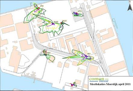 Figuur 7. Immissieplot april 2011 Figuur 8. Wind april 2011 In de immissieplots van de enoses wijzen de blauw omcirkelde pieken op emissies die aan Chemie- Pack zijn te relateren.
