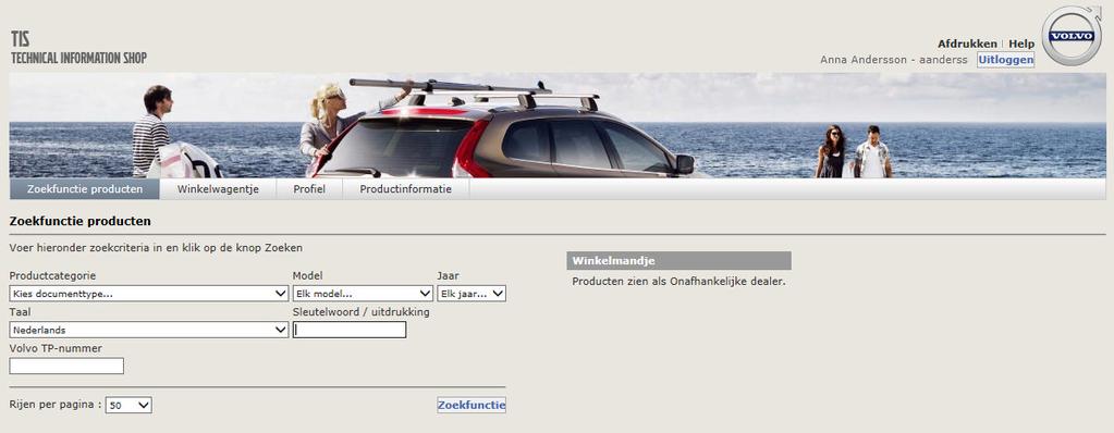 3 PRODUCTEN ZOEKEN De pagina Producten zoeken wordt pas weergegeven als u bent aangemeld. Hier kunt u zoeken naar beschikbare Volvo Cars-informatieproducten die u kunt kopen.