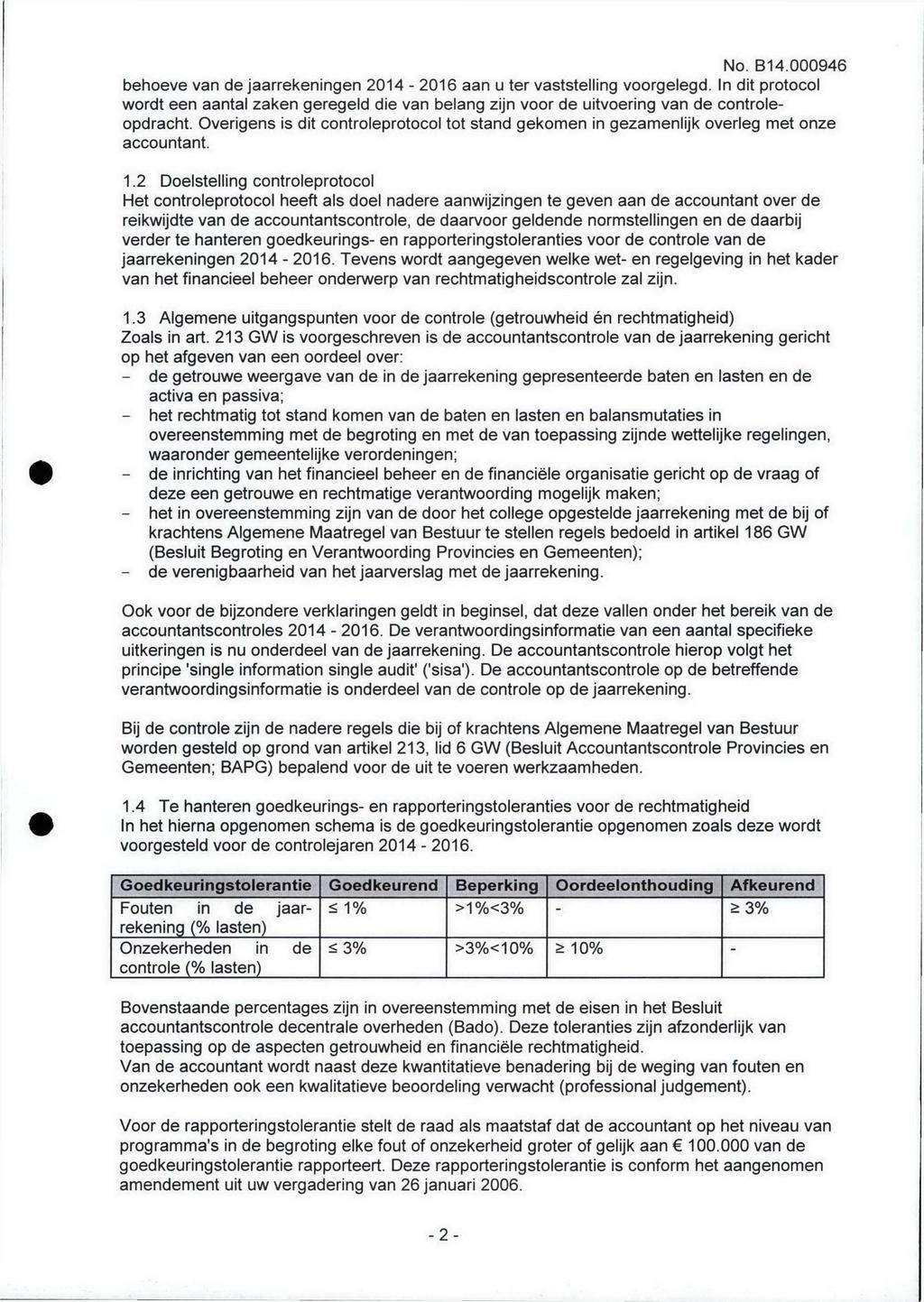 No. B14.000946 behoeve van de jaarrekeningen 2014-2016 aan u ter vaststelling voorgelegd.