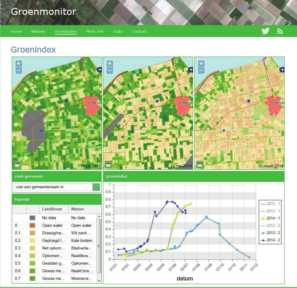 Figuur 3.10 Printscreen van de Groenmonitor. Voor onbewolkte (gedeeltes van) satellietbeelden wordt de NDVI groenindex berekend.