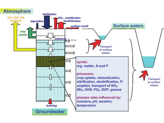 Figuur 4.7 Transportroutes voedingsstoffen van de bodem naar het grondwater, oppervlaktewatersystemen en de atmosfeer.