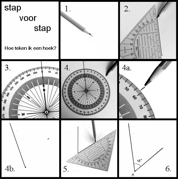 Hoe teken je een hoek? 1. Teken een punt waar het hoekpunt moet komen. 2. Teken één been. 3. Leg de kompasroos met het midden op de punt en met de 0 lijn langs het been. 4.