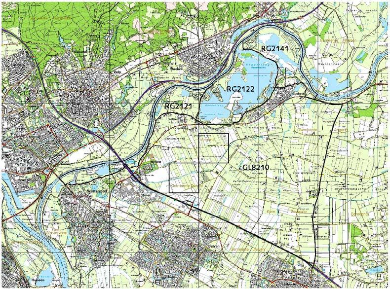 Figuur 1.3. Begrenzingen van watervogeltelgebieden rond de windturbinelocatie in de gemeente Duiven.