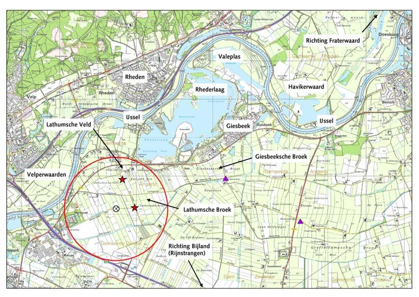 Figuur 1.4 Locaties van de radar en veldwaarnemers tijdens het veldonderzoek in en rond het locatiegebied windpark Duiven winterhalfjaar 2003/2004.