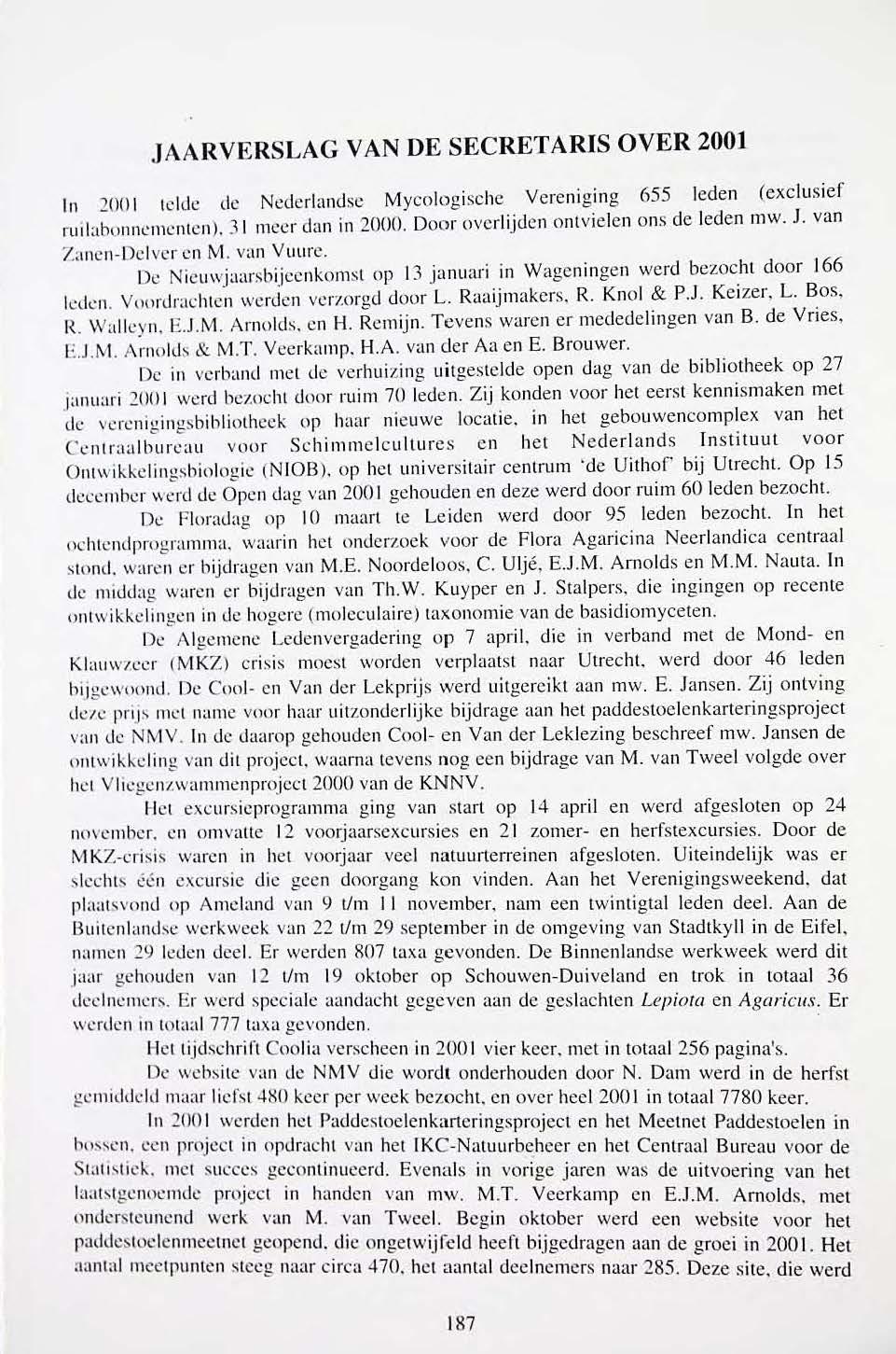 JAARVERSLAG VAN DE SECRETARIS OVER 2001 In 200 1 tclt.le de Nederlandse Mycologische Vereniging 655 leden (exclusief rudabunnl'mcnlcn ). 3 1 meer dan in 2000.