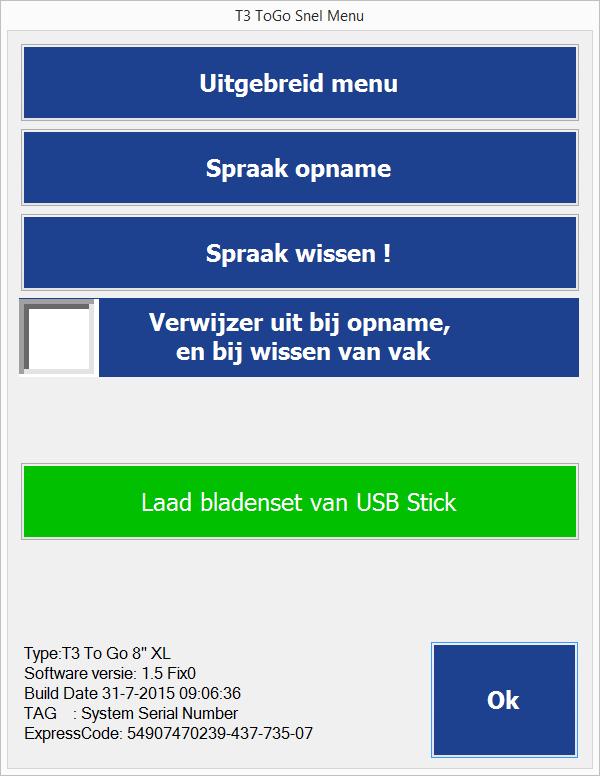 8 Als de USB stick is aangesloten zal in het beeldscherm een menu verschijnen. Spraak synthese De synthesizer Naast opgenomen spraak kan de ToGo ook geleverd worden met ingebouwde synthesizer.