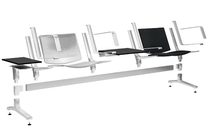 CONSTRUCTIE EN MATERIALEN 8000 MODULAIRE CONSTRUCTIE Draagbalkconstructie geschikt voor 2 t/m 6 zitplaatsen. De banken kunnen in een eindeloze, rechte lijn aan elkaar gekoppeld worden of m.b.v. een rond hoekblad met scharnierdeel in een willekeurige hoek van 90 t/m 270 opgesteld worden.