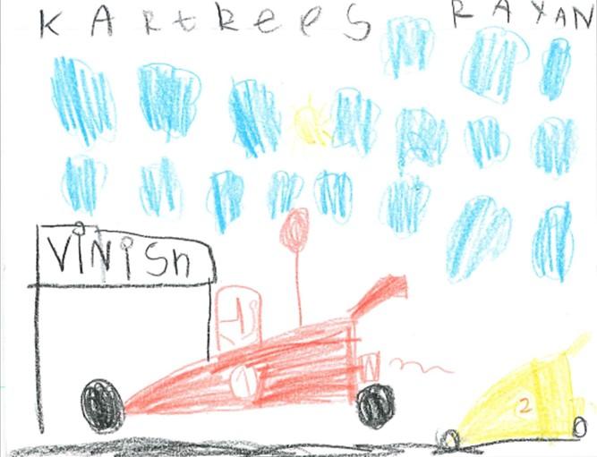 Tekeningen Rayan, groep 3 Ik heb een kartrees getekend. Ik heb dit getekend omdat ik het zo leuk vond. Dat blauw zijn wolken. Die auto s zijn raceauto s.