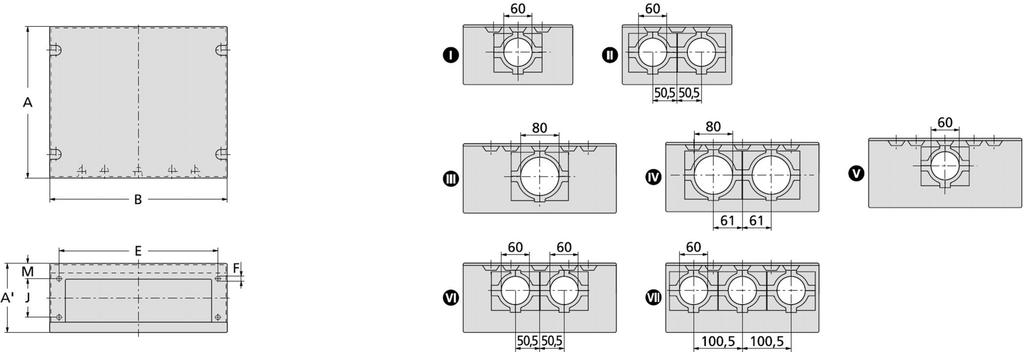 Technische informatie Afmetingen kasttypen en kabelinvoeringen Kabelinvoeringen, typen EG 403 en EG 404, afmetingen Uitvoering A A B E F J M Aantal kabelklemmen Voor kabeldiameter max.