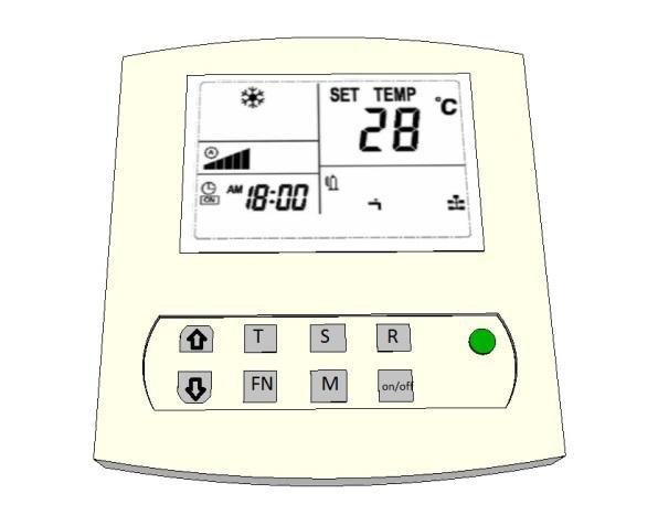 In gebruik name Werking = Temp omhoog / bladeren = Temp omlaag / bladeren T = Kort indrukken is tijd instellen / lang indrukken is timer instellen FN = Fan snelheid S = Kort indrukken is Sensors