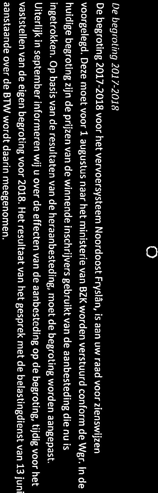 van De beginting 201 Y-201 De begroting 2017-2018 voor het vervoersysteem Noordoost Fryslân, is aan uw raad voor zienswijzen voorgelegd.