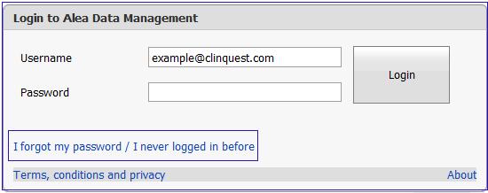 Figuur 1.1.1. Login scherm van ALEA Data Management module. 1.4 Creëer een eigen wachtwoord Als u voor de eerste keer inlogt klik dan direct op de link: 1.