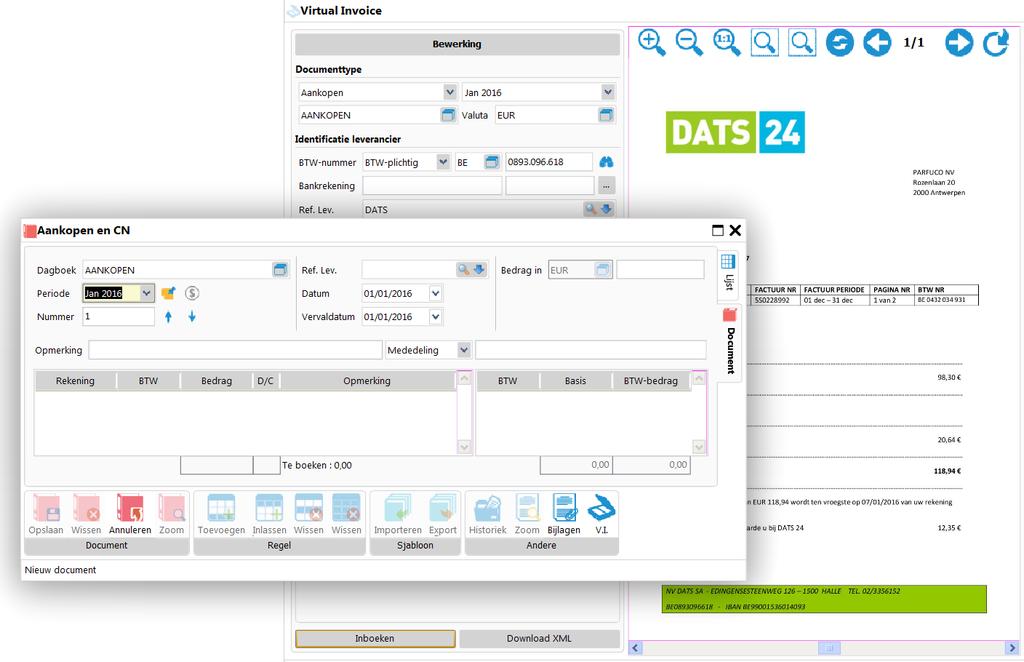 zijn door de OCR herkend en ingevuld in het linker gedeelte van het Virtual Invoice scherm.