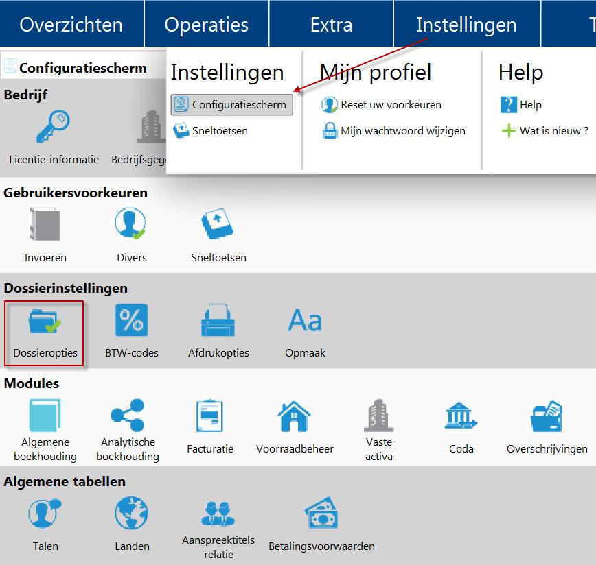 Activeer de Virtual Invoice module: Klik in de hoofdmenu op Instellingen - Configuratiescherm - Dossierinstellingen - Dossieropties.