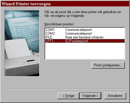 9. LPT1: ECP-printerpoort en Volgende selecteren. 10. Een naam voor de printer van maximaal 31 tekens invoeren of de standaardnaam in het venster met de printernaam overnemen.