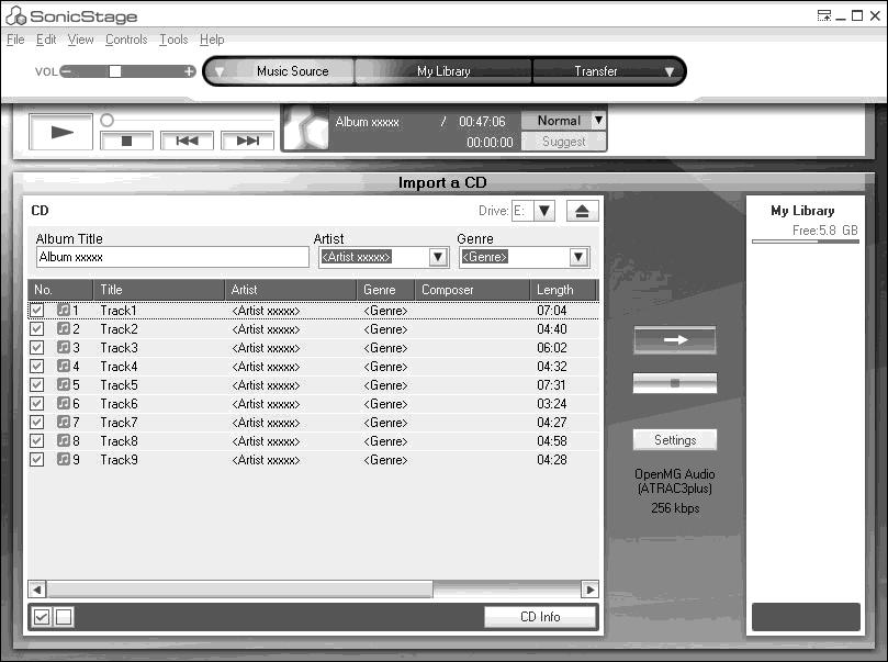 SonicStage gebruiken Audiogegevens importeren In dit gedeelte vindt u instructies voor het opnemen en opslaan van de audiogegevens van een audio-cd naar My Library van SonicStage op de vaste schijf