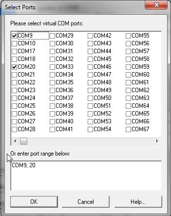 Ga naar het Configuratiescherm en kies dan Hardware en geluiden en klik dan op Serial/IP : Dan opent dit scherm: Bij Select ports zijn hierboven COM9 en COM20 geselecteerd om te gaan gebruiken.