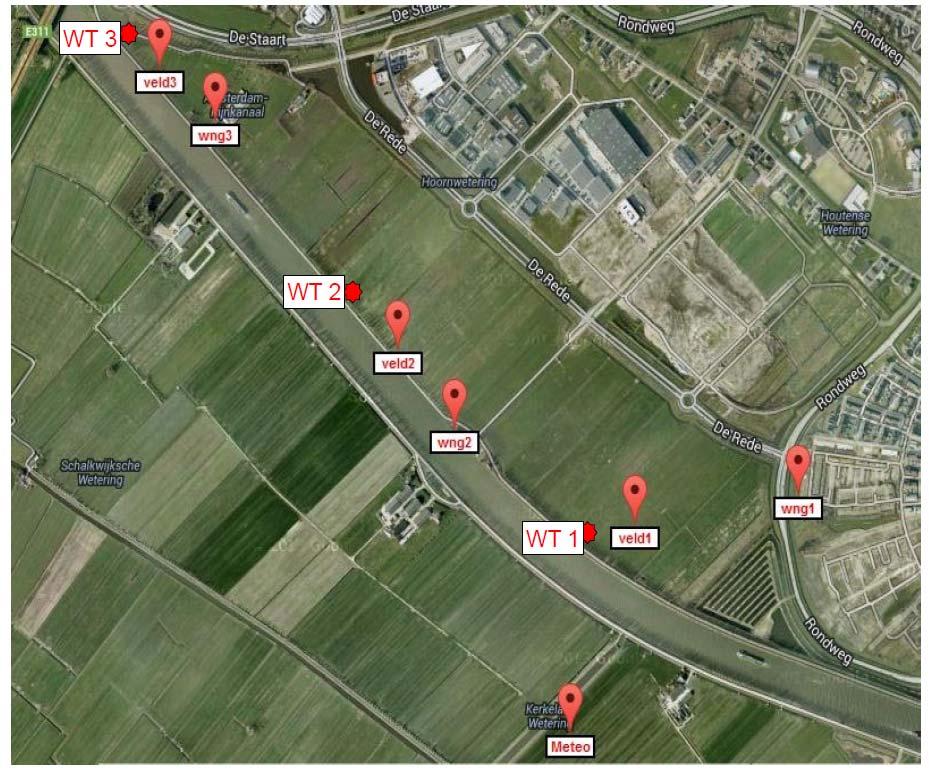 Figuur 1: Overzicht meetsituatie Door de grote afstand tussen de windturbines en de omliggende woningen kan niet worden volstaan