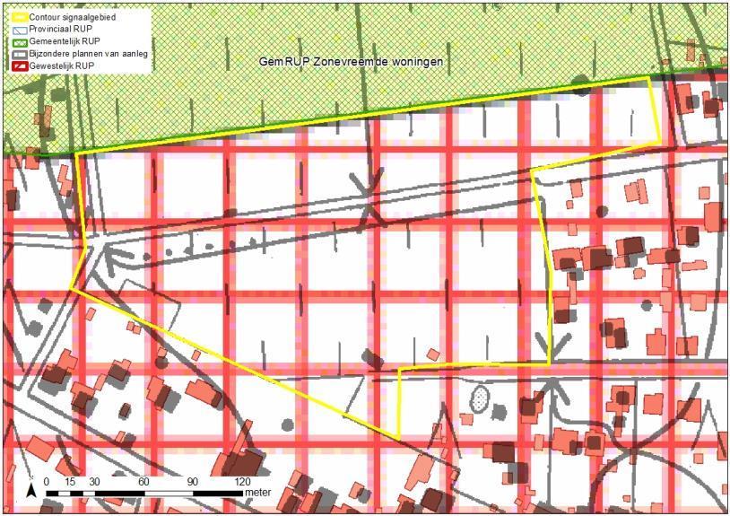 Figuur: situering signaalgebied op gewestplan met aanduiding van goedgekeurde BPA s en RUP s en weergave van de bebouwingstoestand volgens het Grootschalig Referentiebestand GRB.