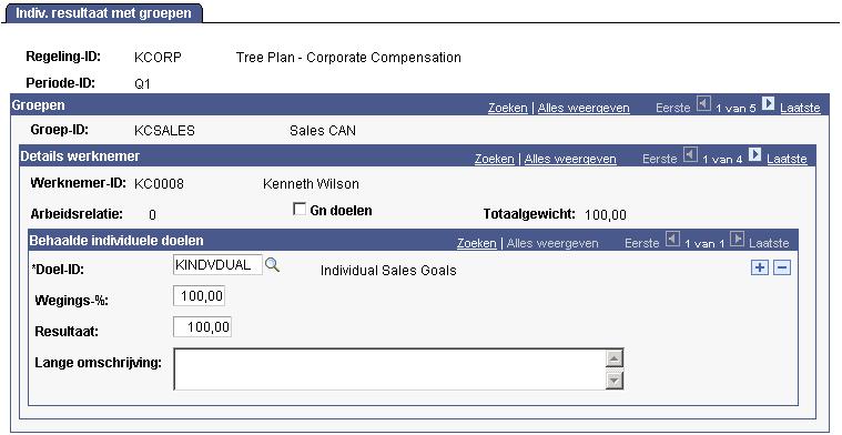 Gewogen doelen instellen en gebruiken Hoofdstuk 7 De pagina Indiv. resultaat met groepen De behaalde percentages van een parentgroep worden niet automatisch toegepast op de childgroepen in de boom.