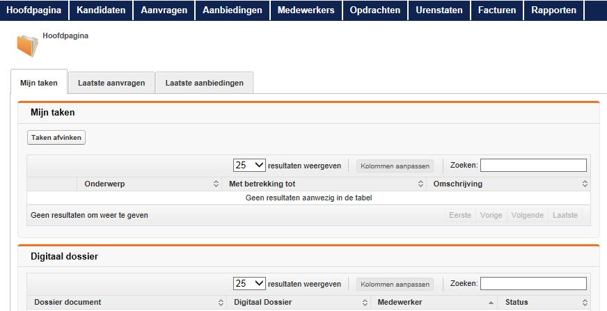 Hoofdpagina Nadat u ingelogd heeft, komt u op de hoofdpagina. U kunt via tabbladen door het systeem navigeren. Hieronder treft u een toelichting per tabblad.