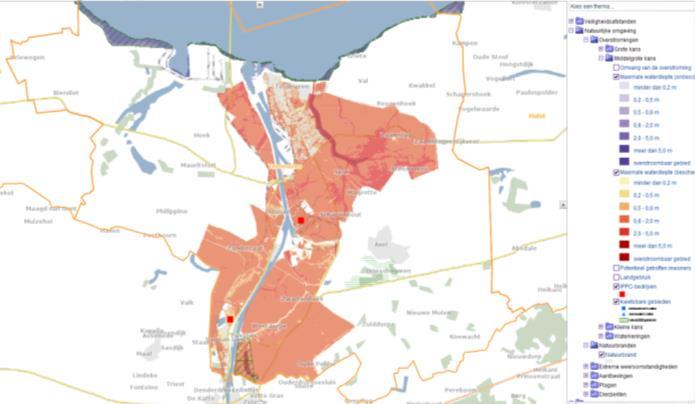 (Risicokaart, 2014) Figuur 150 Maximale waterdiepte beschermd gebied met middelgrote kans (1/100 per jaar) op een overstroming. (Risicokaart, 2014) Crisistype 1.