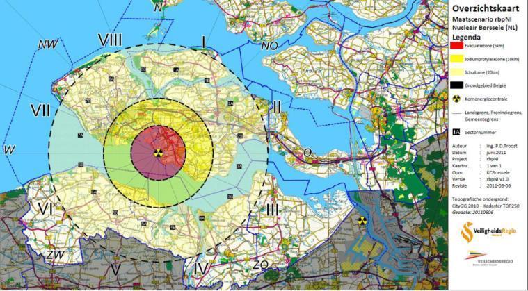 Figuur 156 Overzichtskaart maatscenario kernenergiecentrale Borssele. (RBP nucleaire installaties, 2011) De gemeente Terneuzen valt binnen het effectgebied en maatregelenzones (40 km.