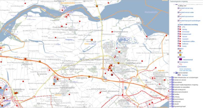 Het betreft Incidenten met brandbare / explosieve stof in open lucht, de Incidenten met giftige stof in open lucht en de Kernincidenten. Figuur 25 Vervoer en inrichtingen gevaarlijke stoffen.