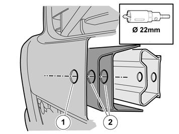 IMG-292983 9 Boor de gaten in de bumperbekleding (1) en het schokdempende deel (2) aan beide