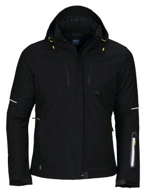 3413 GEVOERDE SOFTSHELL JAS VOOR DAMES ProJob 643413 functionele drielagige softshell gewatteerde voering wind- en waterafstotend afneembare en verstelbare capuchon twee schuinlopende, verticale