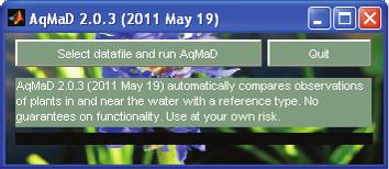 StoWa 2012-09 Handleiding aqmad 2.0 Macrofyten 4 gebruik van aqmad Als AqMaD (met of zonder Matlab) is opgestart, verschijnt het volgende scherm in beeld: afbeelding 4.1. aqmad user interface De gebruiker heeft twee mogelijkheden: stoppen (Quit) of AqMaD runnen op een datafile (knop linksboven).