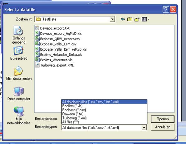 StoWa 2012-09 Handleiding aqmad 2.0 Macrofyten In Afbeelding 4.2 is weergegeven welk scherm de gebruiker te zien krijgt op het moment dat hij wordt gevraagd een databestand te selecteren.