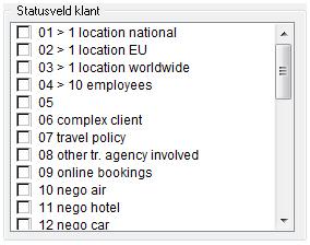 De < Statusveld klant > worden onder < Bestand - Parameters - Klantenparameters - Bedrijf > gedefinieerd. Een statusveld kan twee standen aannemen: < ja > = actief en < nee > = inactief.