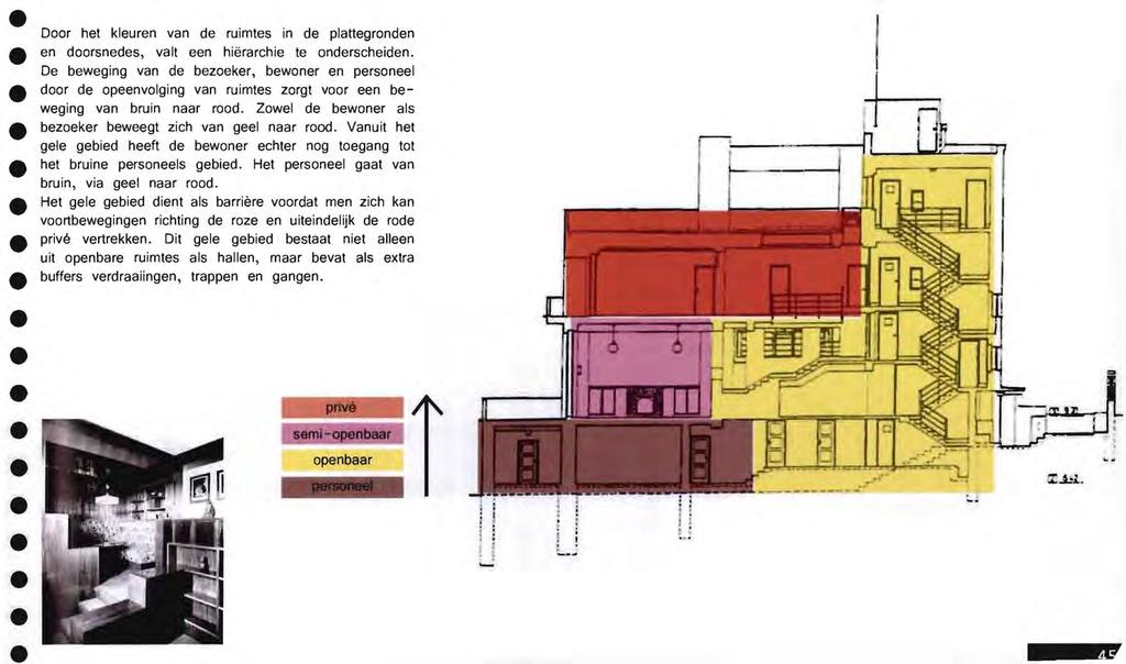 Door het kleuren van de ruimtes in de plattegronden en doorsnedes, valt een hierarchie te onderscheiden.