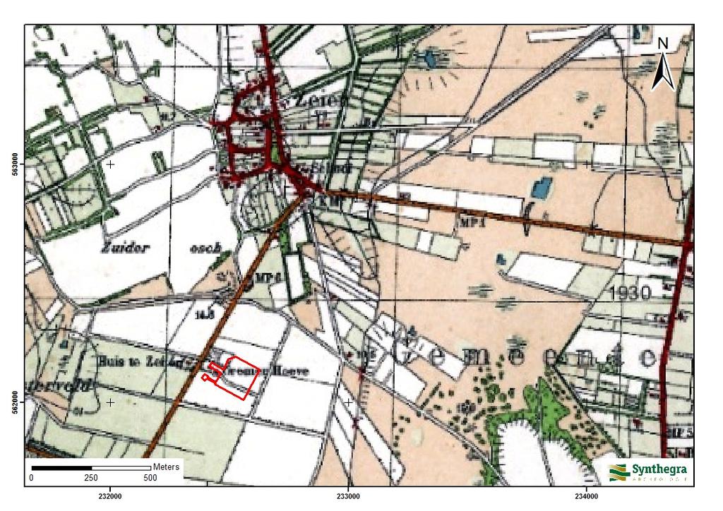 Projectnummer: S1689 Afbeelding 2.6: Ligging van het plangebied op de kaart uit 193, aangegeven met het rode kader (Bron: https://zoeken.cultureelerfgoed.