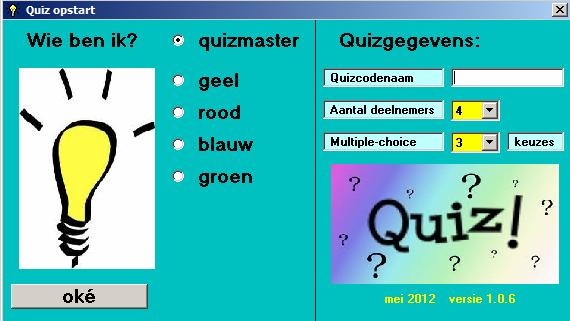 Tijdens een quiz is er altijd een quizmaster. Dit programma moet je altijd als eerst op een cliënt opstarten als quizmaster. Geef de quiz een unieke naam, de quizcodenaam.
