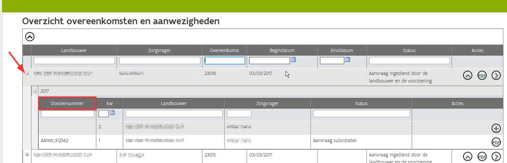 2. U maakt een aanwezigheidslijst aan per kwartaal. 2.2.1 Aanwezigheidslijst bij overeenkomst U klik in het menu op Overeenkomsten en aanwezigheden. U ziet al u lopende overeenkomsten.