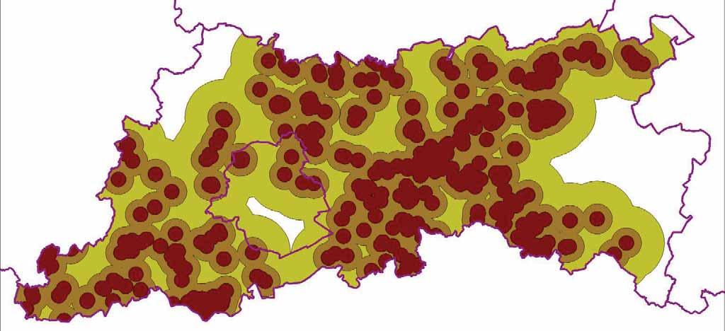 Beeld op actueel verspreidingsgebied van Sleedoornpage in Vlaams-Brabant Afbeelding 3 Verspreidingsgebied Sleedoornpage geschat door creatie van buffers op 1000, 2000 en 5000m.