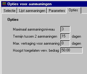 TABBLAD OPTIES Dit tabblad dient enkel ter informatie : het herhaalt de opties op basis waarvan de aanmaningen berekend