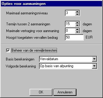 STAP 4 : DE OPTIES VAN DE AANMANINGEN INSTELLEN Het betreft hier het bepalen van de karakteristieken die gemeenschappelijk zijn voor alle aanmaningscategorieën die u aangemaakt heeft.