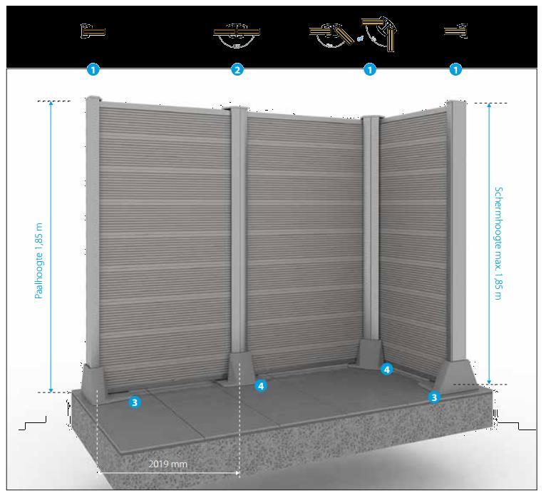 INCL.21%BTW 01/04/17 6-3-1-2-1 -TWINSON 2 MOGELIJKHEID 2: MONTAGE OP STEUNVOET Schermhoogte: 1,85m Paalhoogte: 1,85m Paalafstand HOH: 2019mm 1.