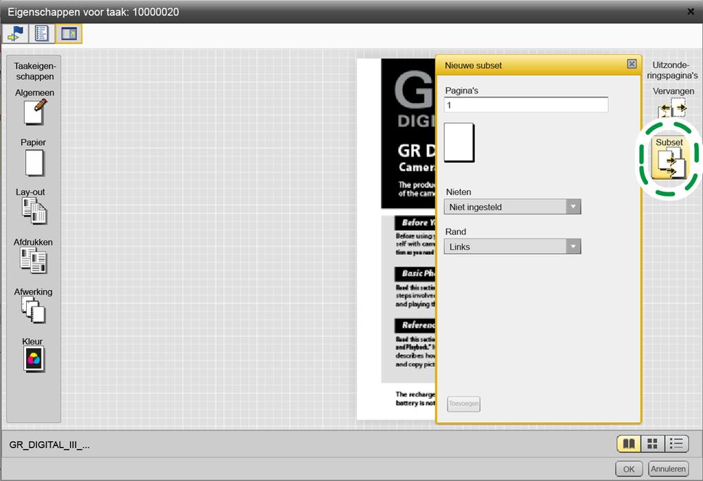 Een subset maken Een subset maken Met de tool [Subset ]kunt u de afwerkingseigenschappen instellen voor paginabereiken (subsets) in de taak in plaats van voor de hele taak.