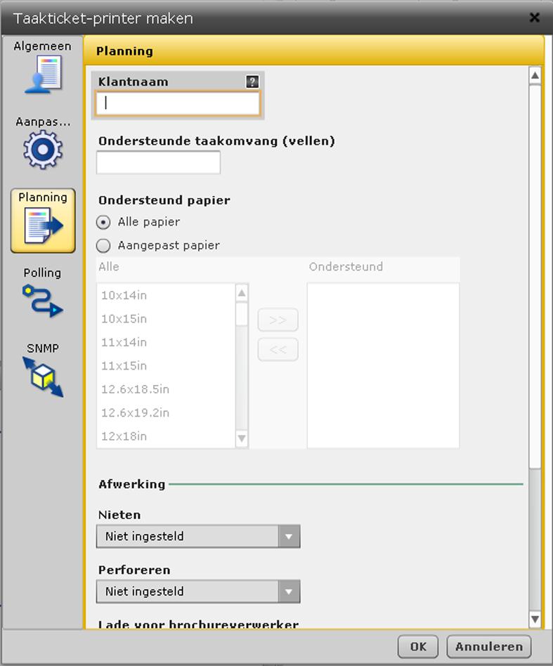 2 Het systeem configureren De standaardwaarden voor [Ondersteund papier] zijn: 1. De waarden die door het SNMP (Simple Network Management Protocol) als resultaat worden gegeven 2.