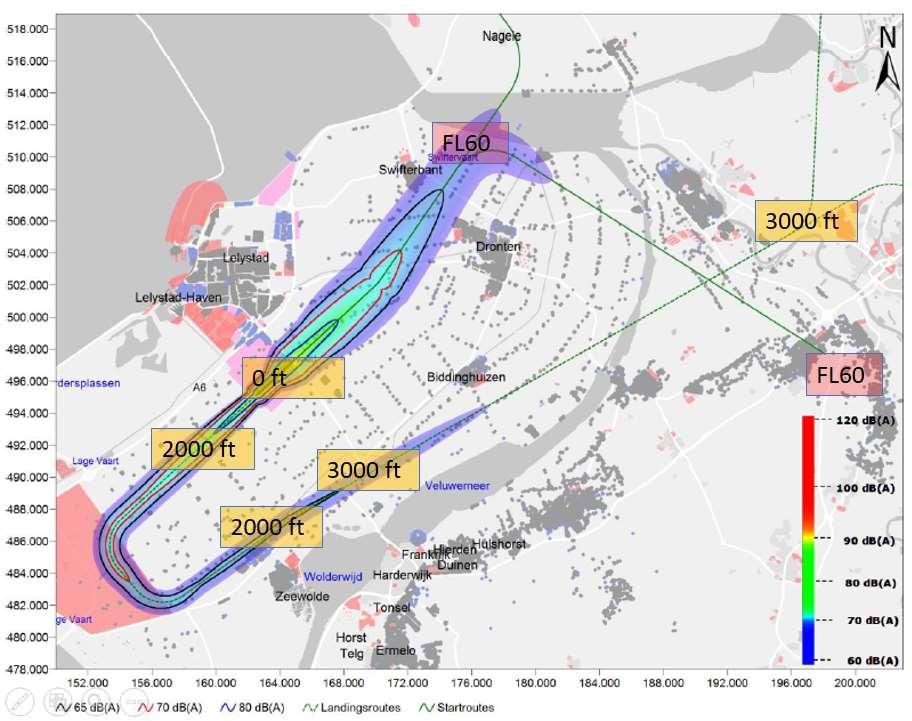 Figuur 7: LAmax van een B737-800 voor routevariant B+, in het geval baan 05 in gebruik is (start richting noordoosten en landing vanuit